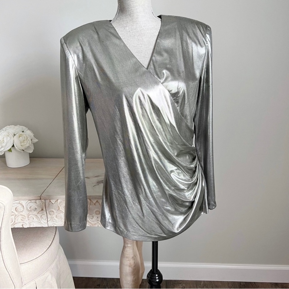 Vintage 80s Betsy & Adam Lame Metallic Faux Wrap Big Shoulder Pad Blouse L